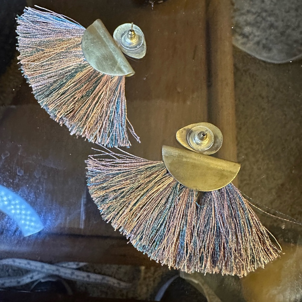 Gold metal with pink and blue Fringe Earrings